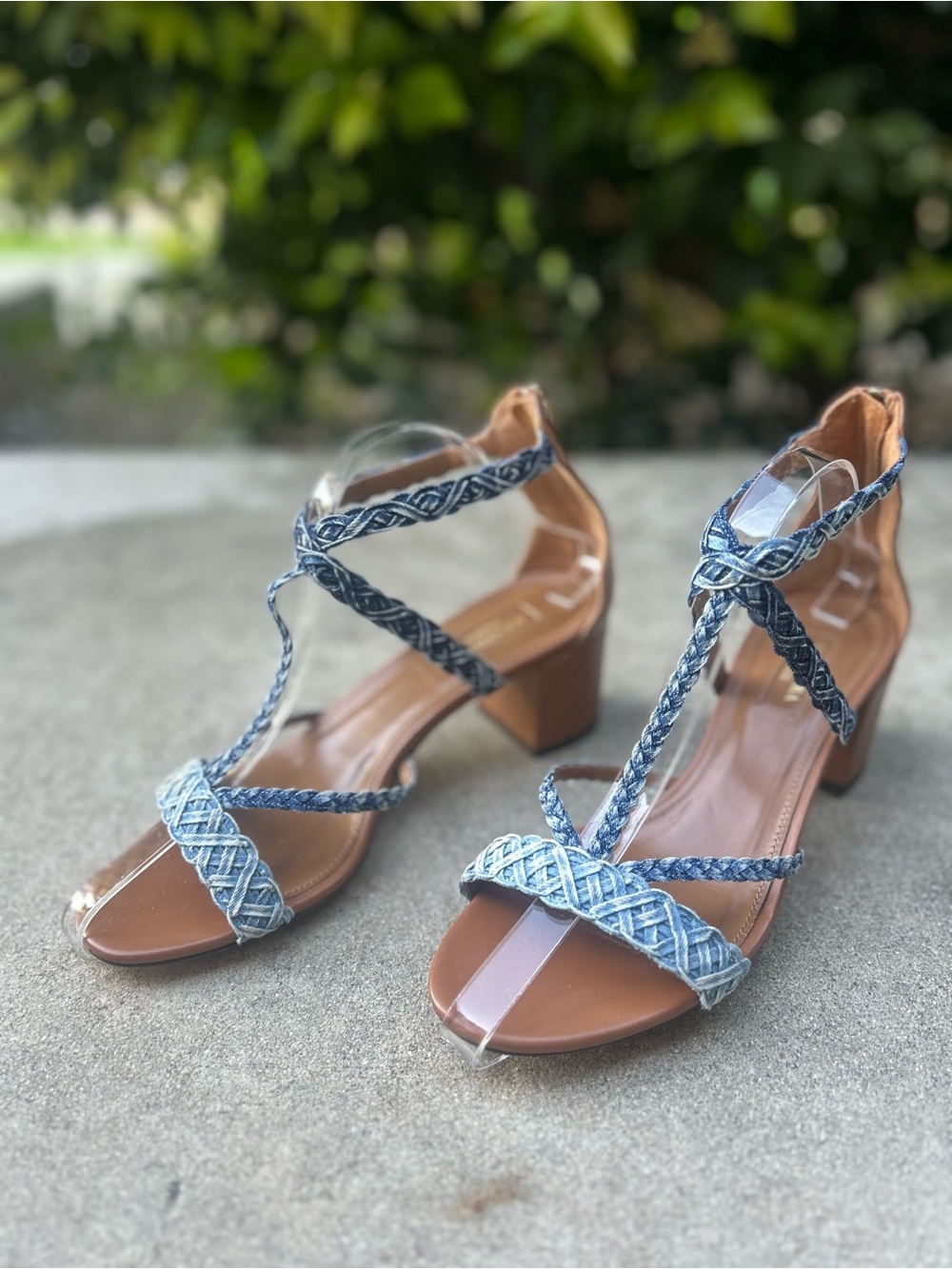 Aquazzura Tyra Braided Denim & Leather T-Strap Block Heel Sandals Size 8